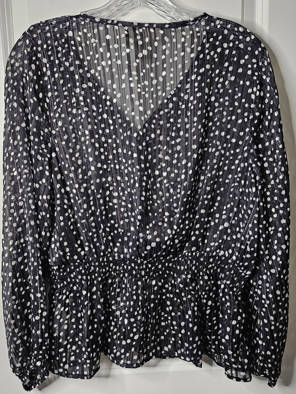 Emaline Petite Large Black Polka Dot Blouse Ruffle Smocked Peplum Sheer Metallic - Picture 3 of 14